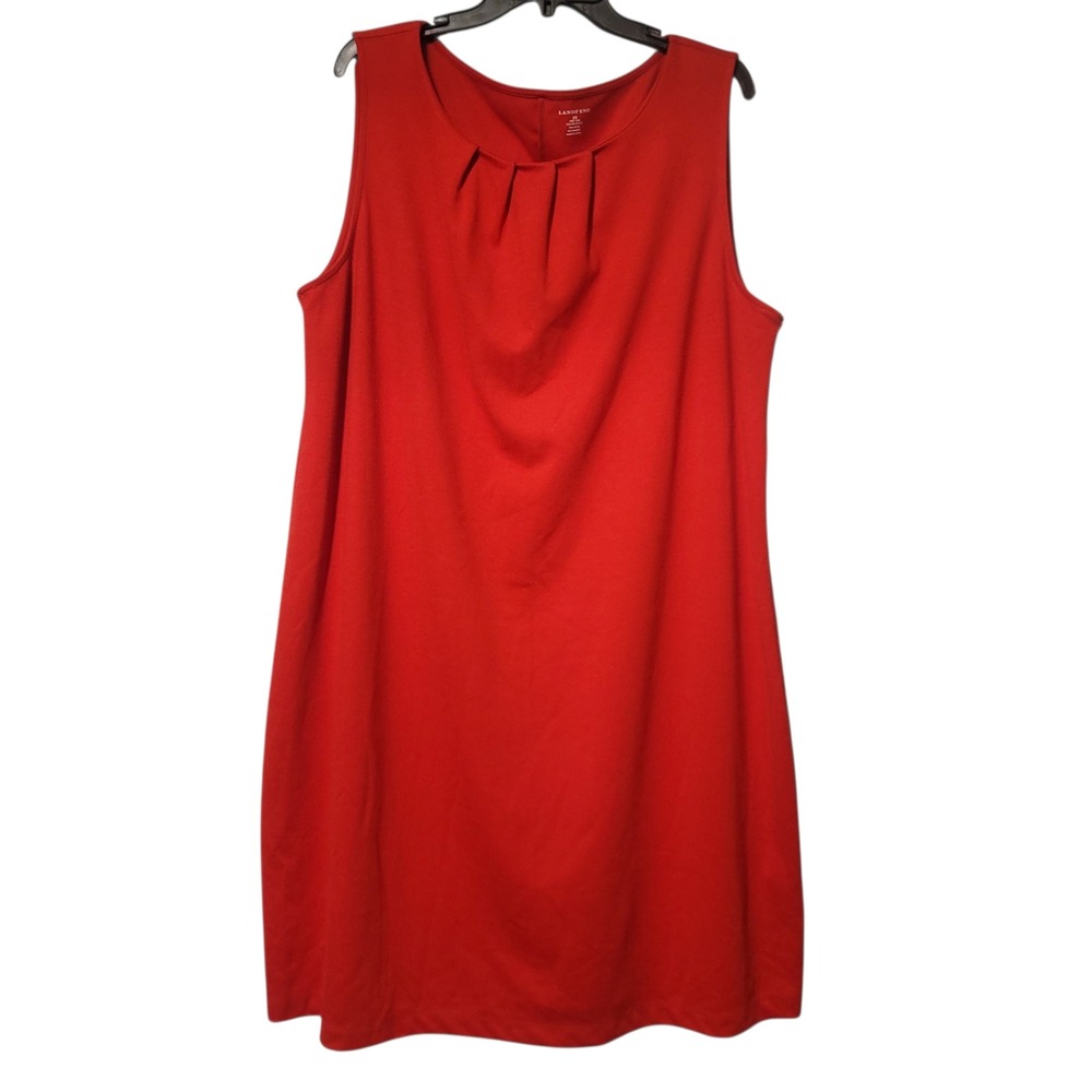Lands End Womens 2X Red Sleeveless Pleat Neck‎ Shift Dress 20W-22W Knit Stretch